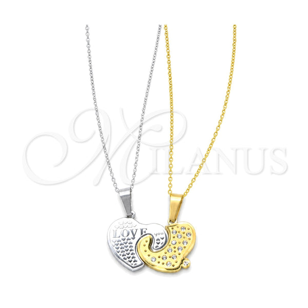 Stainless Steel Pendant Necklace, Heart Design, with White Crystal, Polished, Two Tone, 04.116.0069.1 (Thickness, 22 Inches Length)