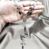 Stainless Steel Basic Necklace, Cross and Guadalupe Design, Polished, Rhodium Finish, 04.116.0076 (05 MM Thickness, 22 Inches Length)