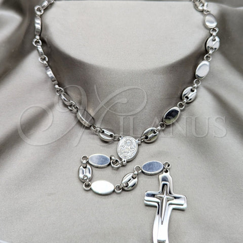 Stainless Steel Basic Necklace, Cross and Guadalupe Design, Polished, Rhodium Finish, 04.116.0076 (05 MM Thickness, 22 Inches Length)