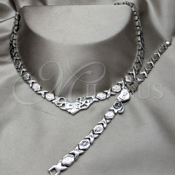 Stainless Steel Necklace and Bracelet, Love Design, Polished, Rhodium Finish, 06.116.0101