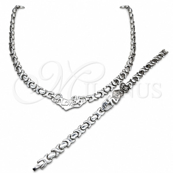 Stainless Steel Necklace and Bracelet, Love Design, Polished, Rhodium Finish, 06.116.0102