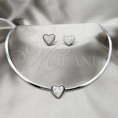Stainless Steel Necklace and Earring, Heart Design, with White Crystal, Polished, Rhodium Finish, 06.116.0126