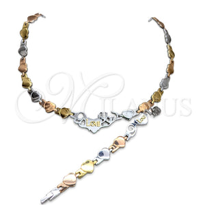 Stainless Steel Necklace and Bracelet, Heart Design, Polished, Tricolor, 06.116.0132