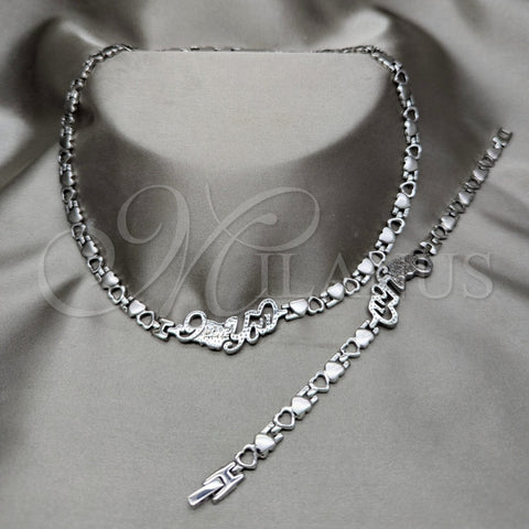 Stainless Steel Necklace and Bracelet, Heart Design, Polished, Rhodium Finish, 06.116.0133