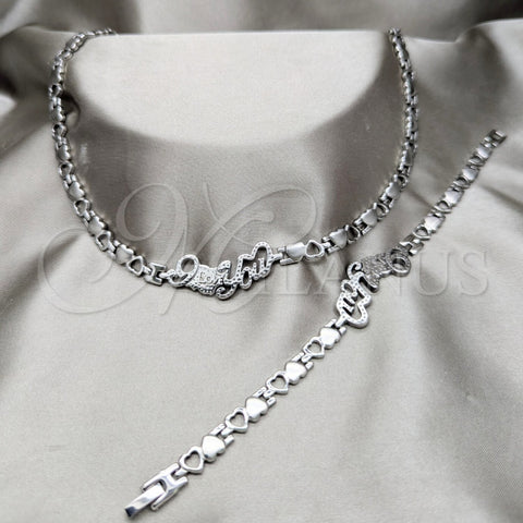 Stainless Steel Necklace and Bracelet, Heart and Love Design, Polished, Rhodium Finish, 06.116.0138