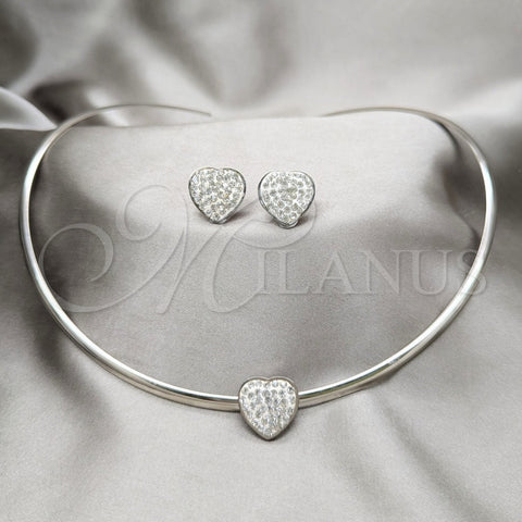 Stainless Steel Necklace and Earring, Heart Design, with White Crystal, Polished, Rhodium Finish, 06.116.0141