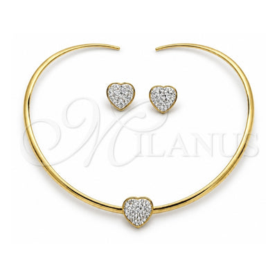Stainless Steel Necklace and Earring, Heart Design, with White Crystal, Polished, Golden Finish, 06.116.0141.1