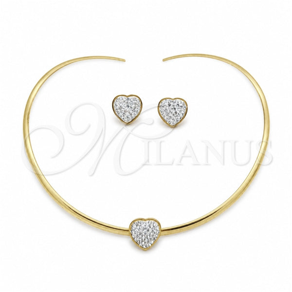 Stainless Steel Necklace and Earring, Heart Design, with White Crystal, Polished, Golden Finish, 06.116.0141.1