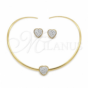 Stainless Steel Necklace and Earring, Heart Design, with White Crystal, Polished, Golden Finish, 06.116.0141.1
