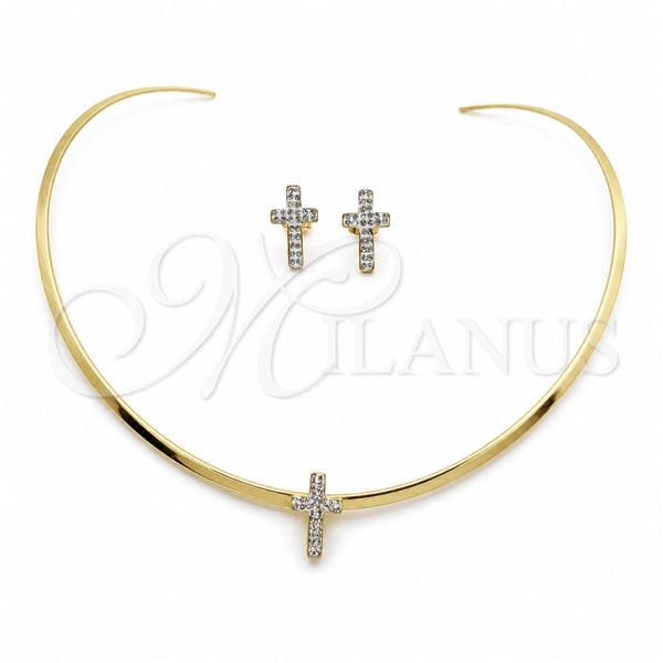 Stainless Steel Necklace and Earring, Cross Design, Polished, Golden Finish, 06.116.0142.1