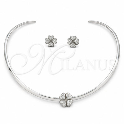 Stainless Steel Necklace and Earring, Four-leaf Clover Design, with White Crystal, Polished, Rhodium Finish, 06.116.0143