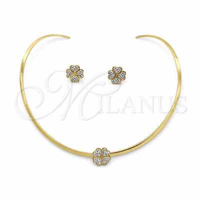 Stainless Steel Necklace and Earring, Four-leaf Clover Design, with White Crystal, Polished, Golden Finish, 06.116.0143.1