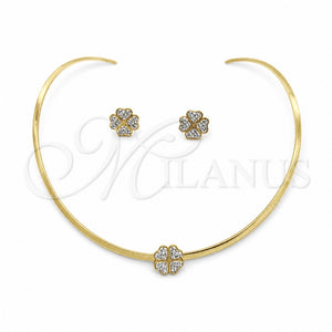Stainless Steel Necklace and Earring, Four-leaf Clover Design, with White Crystal, Polished, Golden Finish, 06.116.0143.1