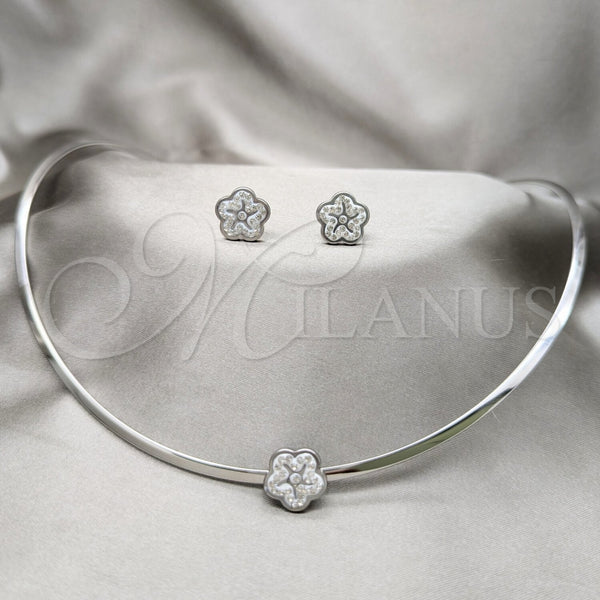 Stainless Steel Ring — Necklace and Earring Flower Design with White Crystal — main product view — SKU 163947 | Acero Inoxidable anillo — Necklace and Earring flor diseño with cristal blanco — SKU 163947