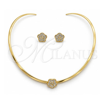 Stainless Steel Necklace and Earring, Flower and Floral Design, with White Crystal, Polished, Golden Finish, 06.116.0144.1
