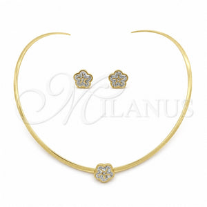 Stainless Steel Necklace and Earring, Flower Design, with White Crystal, Polished, Golden Finish, 06.116.0144.1