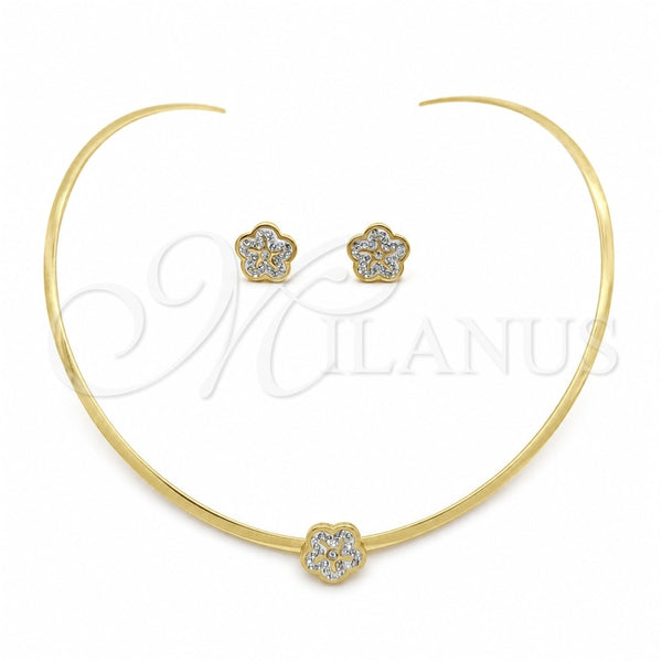 Stainless Steel Necklace and Earring, Flower Design, with White Crystal, Polished, Golden Finish, 06.116.0144.1