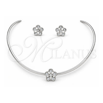 Stainless Steel Necklace and Earring, Flower Design, with White Crystal, Polished, Rhodium Finish, 06.116.0145
