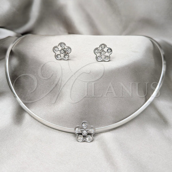 Stainless Steel Ring — Necklace and Earring Flower Design with White Crystal — main product view — SKU 163949 | Acero Inoxidable anillo — Necklace and Earring flor diseño with cristal blanco — SKU 163949