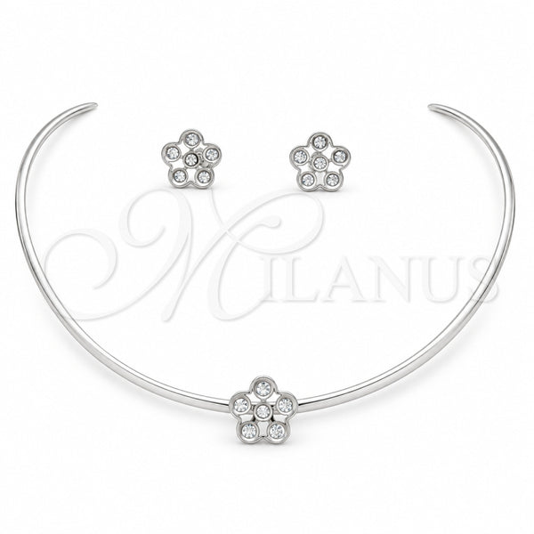 Stainless Steel Necklace and Earring, Flower Design, with White Crystal, Polished, Rhodium Finish, 06.116.0145