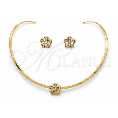 Stainless Steel Necklace and Earring, Flower Design, with White Crystal, Polished, Golden Finish, 06.116.0145.1