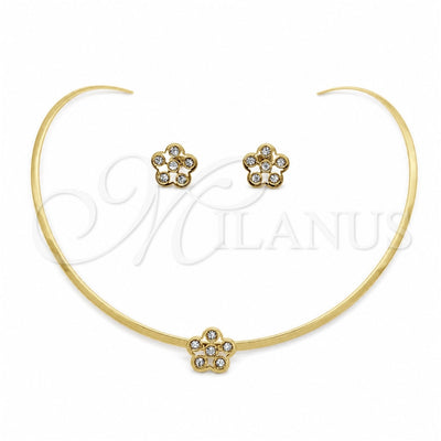 Stainless Steel Necklace and Earring, Flower Design, with White Crystal, Polished, Golden Finish, 06.116.0145.1 for wholesale, main product view