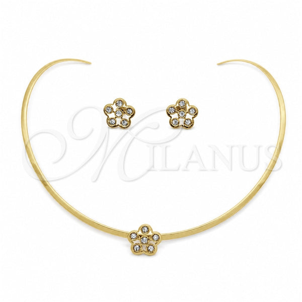 Stainless Steel Necklace and Earring, Flower Design, with White Crystal, Polished, Golden Finish, 06.116.0145.1