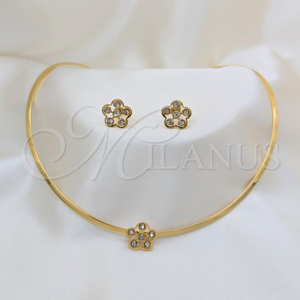 Stainless Steel Ring — Necklace and Earring Flower Design with White Crystal — main product view — SKU 163950 | Acero Inoxidable anillo — Necklace and Earring flor diseño with cristal blanco — SKU 163950