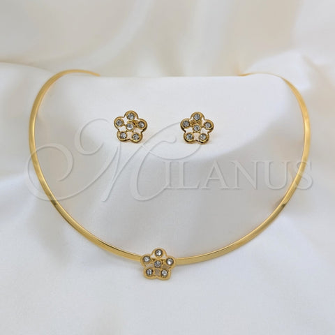 Stainless Steel Necklace and Earring, Flower Design, with White Crystal, Polished, Golden Finish, 06.116.0145.1