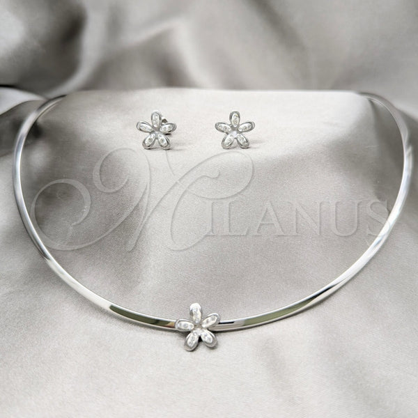 Stainless Steel Ring — Necklace and Earring Flower Design with White Crystal — main product view — SKU 163951 | Acero Inoxidable anillo — Necklace and Earring flor diseño with cristal blanco — SKU 163951