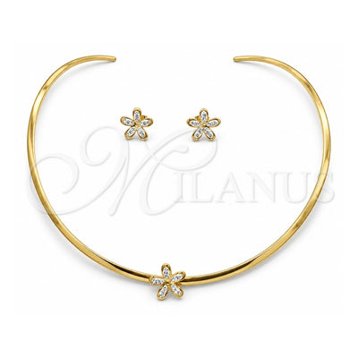 Stainless Steel Necklace and Earring, Flower Design, with White Crystal, Polished, Golden Finish, 06.116.0146.1