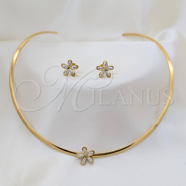 Stainless Steel Ring — Necklace and Earring Flower Design with White Crystal — main product view — SKU 163952 | Acero Inoxidable anillo — Necklace and Earring flor diseño with cristal blanco — SKU 163952