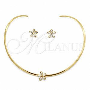Stainless Steel Necklace and Earring, Flower Design, with White Crystal, Polished, Golden Finish, 06.116.0146.1