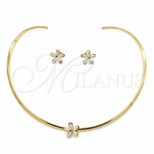 Stainless Steel Necklace and Earring, Flower Design, with White Crystal, Polished, Golden Finish, 06.116.0146.1
