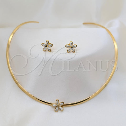 Stainless Steel Necklace and Earring, Flower Design, with White Crystal, Polished, Golden Finish, 06.116.0146.1