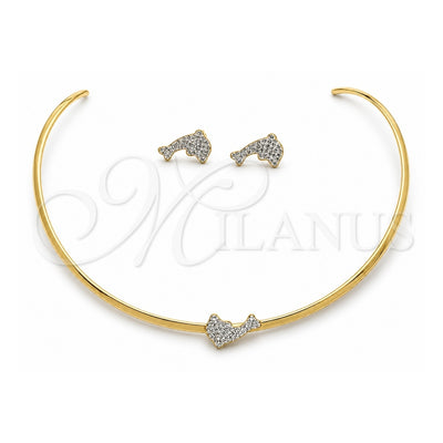 Stainless Steel Necklace and Earring, Dolphin Design, with White Crystal, Polished, Golden Finish, 06.116.0147.1