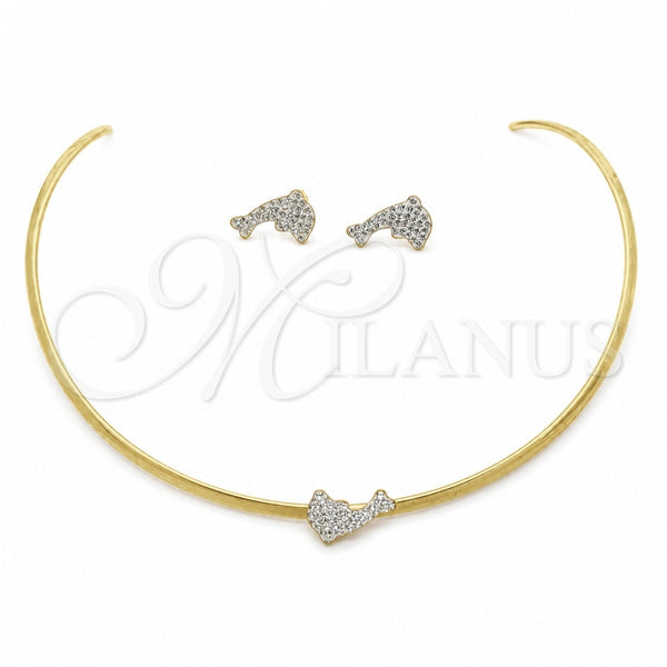 Stainless Steel Necklace and Earring, Dolphin Design, with White Crystal, Polished, Golden Finish, 06.116.0147.1