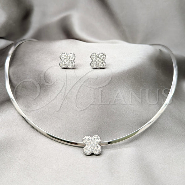 Stainless Steel Ring — Necklace and Earring Flower Design with White Crystal — main product view — SKU 163955 | Acero Inoxidable anillo — Necklace and Earring flor diseño with cristal blanco — SKU 163955