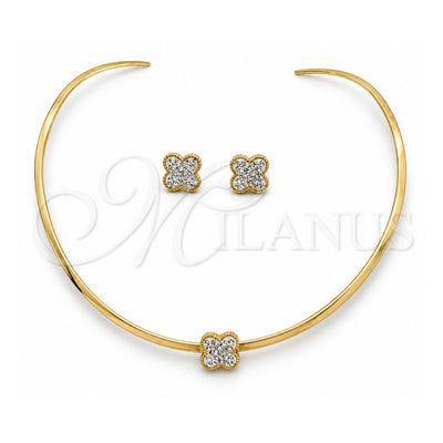 Stainless Steel Necklace and Earring, Flower and Floral Design, with White Crystal, Polished, Golden Finish, 06.116.0148.1