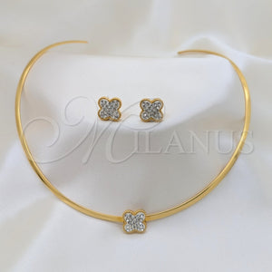 Stainless Steel Ring — Necklace and Earring Flower Design with White Crystal — main product view — SKU 163956 | Acero Inoxidable anillo — Necklace and Earring flor diseño with cristal blanco — SKU 163956