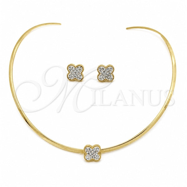 Stainless Steel Necklace and Earring, Flower Design, with White Crystal, Polished, Golden Finish, 06.116.0148.1