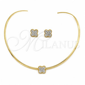 Stainless Steel Necklace and Earring, Flower Design, with White Crystal, Polished, Golden Finish, 06.116.0148.1