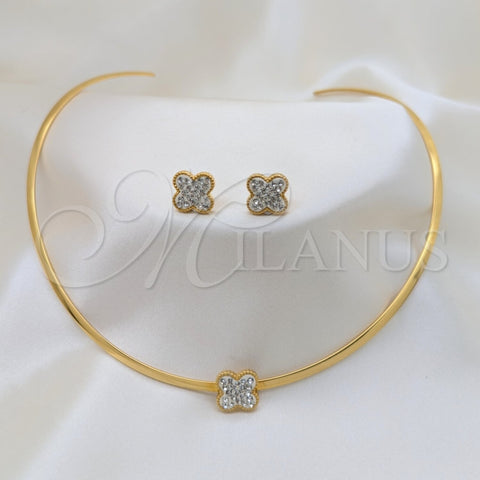 Stainless Steel Necklace and Earring, Flower Design, with White Crystal, Polished, Golden Finish, 06.116.0148.1