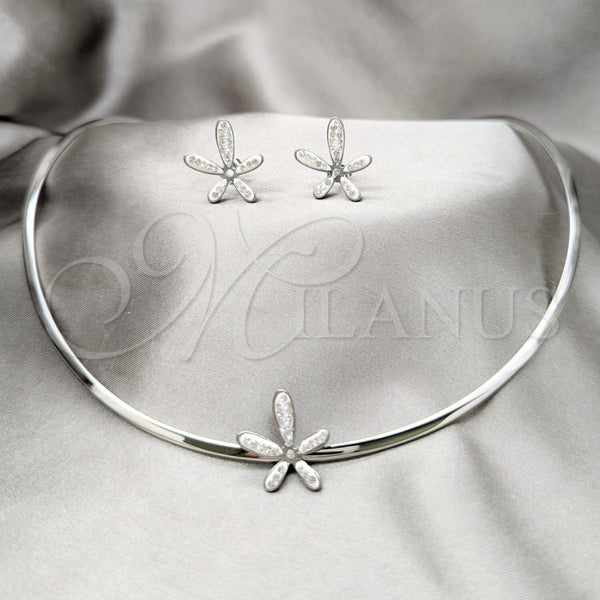 Stainless Steel Ring — Necklace and Earring Flower Design with White Crystal — main product view — SKU 163957 | Acero Inoxidable anillo — Necklace and Earring flor diseño with cristal blanco — SKU 163957