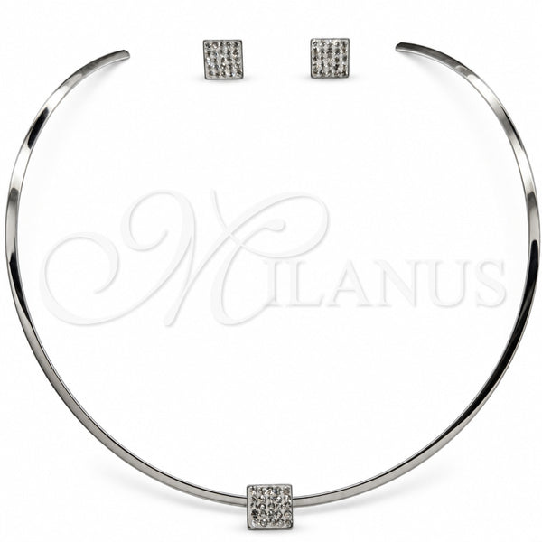 Stainless Steel Necklace and Earring, with White Crystal, Polished, Rhodium Finish, 06.116.0150