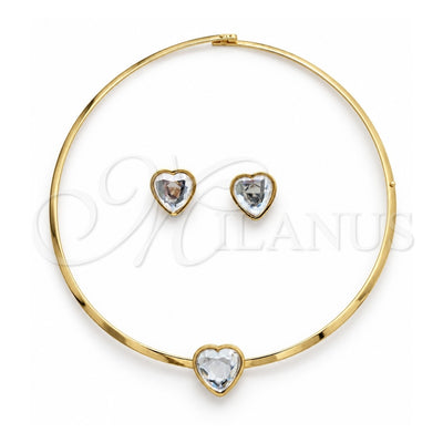 Stainless Steel Necklace and Earring, Heart Design, with White Crystal, Polished, Golden Finish, 06.116.0153