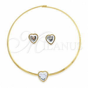Stainless Steel Necklace and Earring, Heart Design, with White Crystal, Polished, Golden Finish, 06.116.0153