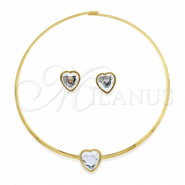 Stainless Steel Necklace and Earring, Heart Design, with White Crystal, Polished, Golden Finish, 06.116.0153
