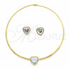 Stainless Steel Necklace and Earring, Heart Design, with White Crystal, Polished, Golden Finish, 06.116.0153