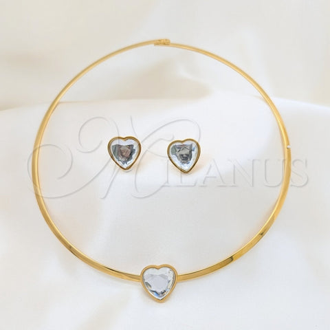Stainless Steel Necklace and Earring, Heart Design, with White Crystal, Polished, Golden Finish, 06.116.0153
